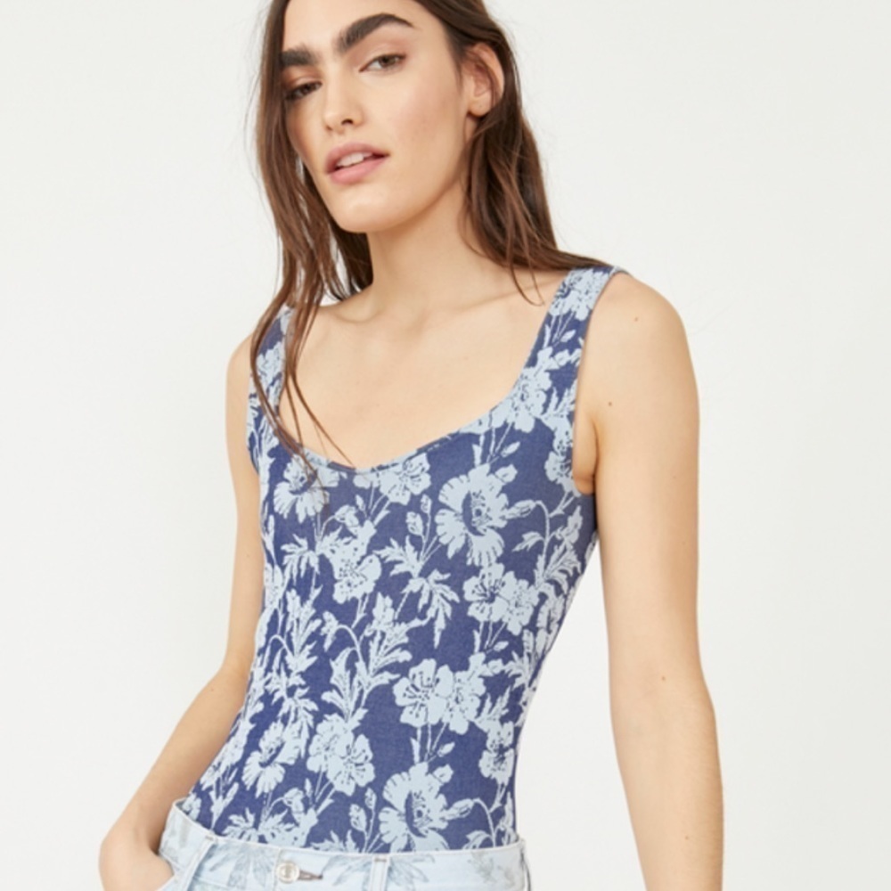 NWT Free People Clean Lines Printed Seamless Bodysuit Indigo